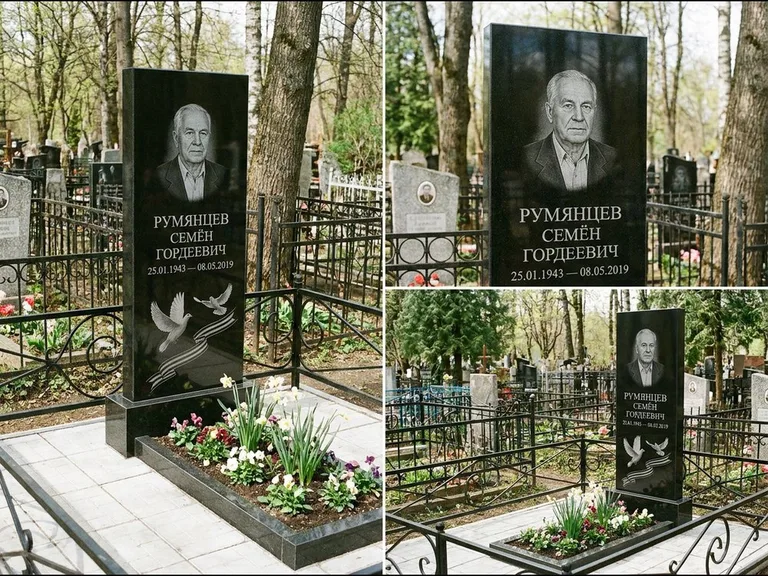 Памятник с гравировкой голубей — гравировка двух летящих голубей с лентой по диагонали стелы, работа «Румянцев» в Екатеринбурге