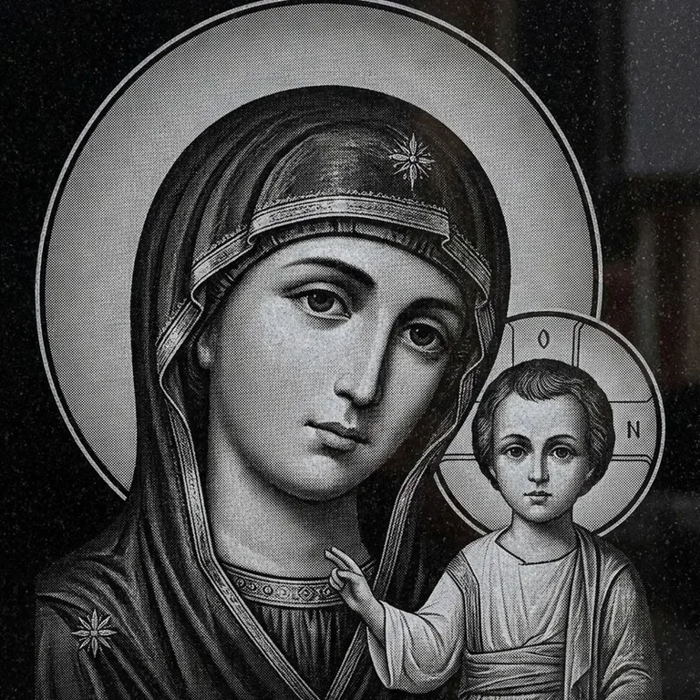 Эскиз иконы: Казанская (полутон) — детальный образ Богородицы, гравировка на памятник в Екатеринбурге