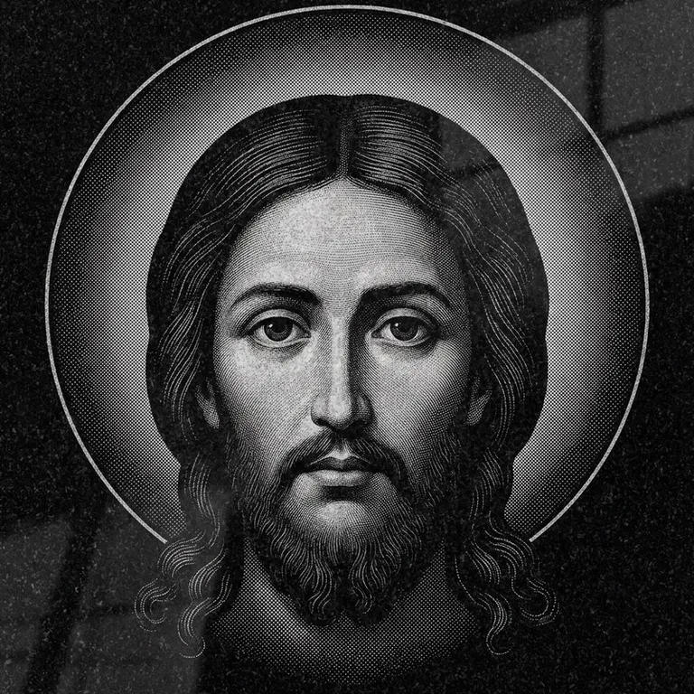 Эскиз иконы: Спас Нерукотворный (полутон) — детальный лик на убрусе, гравировка на памятник в Екатеринбурге