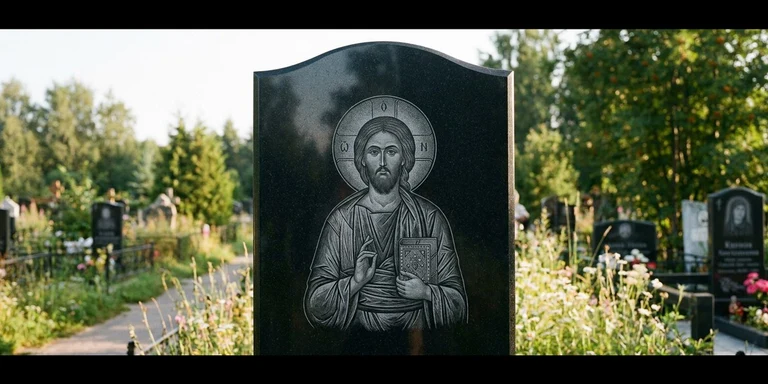Иконы для гравировки на памятник в Екатеринбурге — образ на стеле из чёрного гранита с ручной доводкой лика