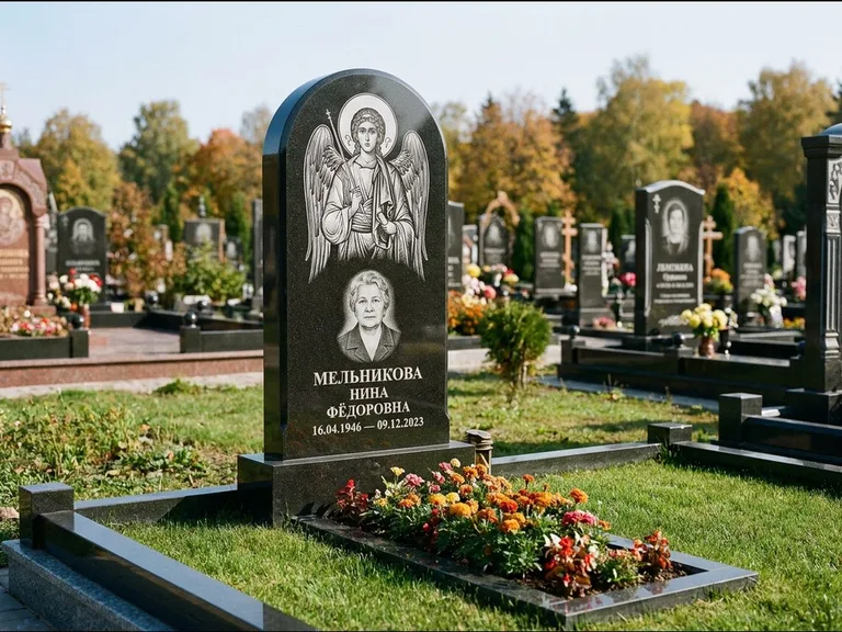 Памятник с гравировкой иконы — икона над портретом усопшего, работа «Журавлёв» в Екатеринбурге