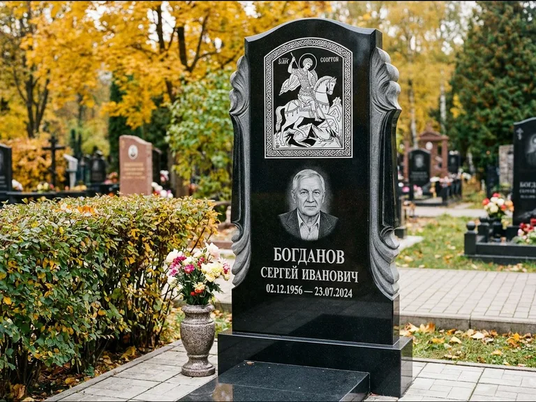 Памятник с гравировкой иконы — икона Спаса Вседержителя над именем усопшего, работа «Лебедева» в Екатеринбурге