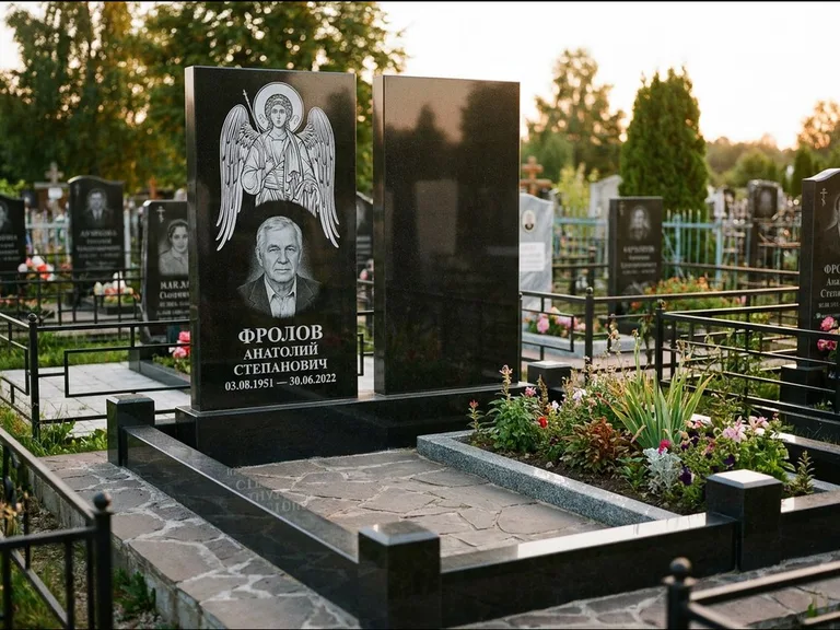 Памятник с гравировкой иконы: стела с резной рамкой вокруг иконы — Архангел Михаил на стеле, белая мраморная крошка с бордюром, работа «Богданова» в Екатеринбурге