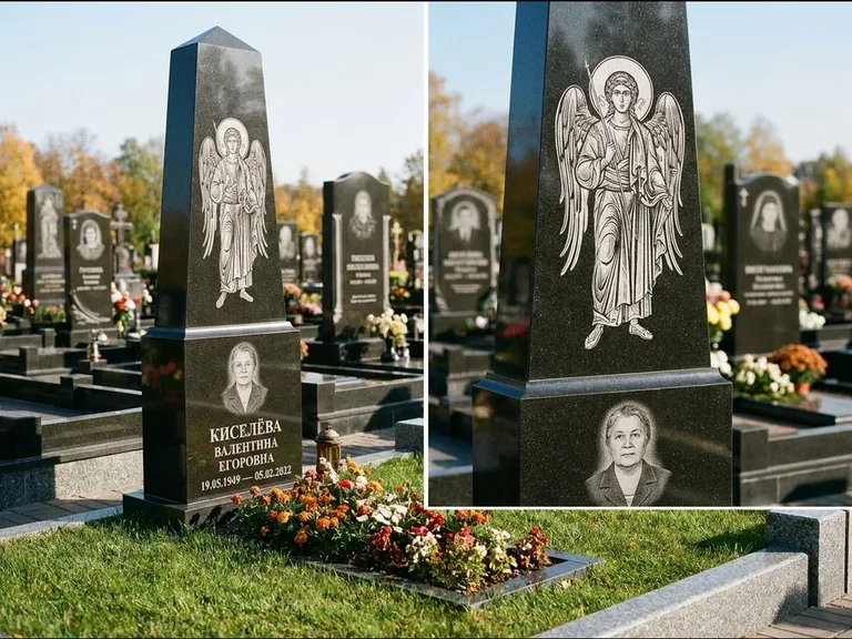 Памятник с гравировкой иконы: асимметричная скошенная стела — гравировка образа Спасителя, живая изгородь из кустарника, работа «Третьяков» в Екатеринбурге
