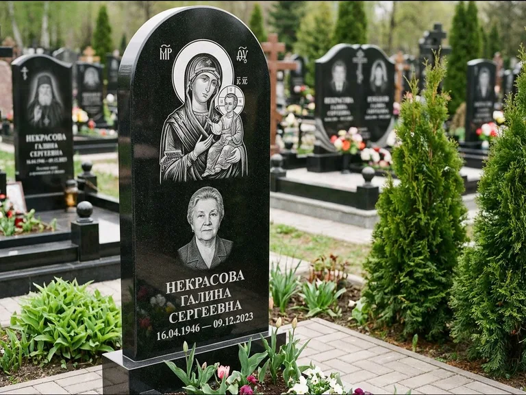 Памятник с гравировкой иконы: фигурная стела с киот-нишей под икону — икона в резной рамке-киоте, светлая гравийная отсыпка, работа «Журавлёв» в Екатеринбурге