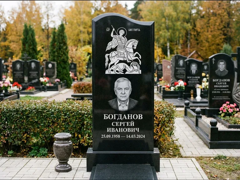 Памятник с гравировкой иконы: монументальный семейный мемориал из двух стел на общем цоколе — гравировка Николая Чудотворца, мощёная гранитная площадка без ограды, работа «Раевская» в Екатеринбурге