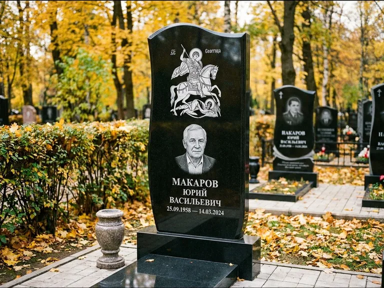 Памятник с гравировкой иконы — икона над портретом усопшего, работа «Раевская» в Екатеринбурге