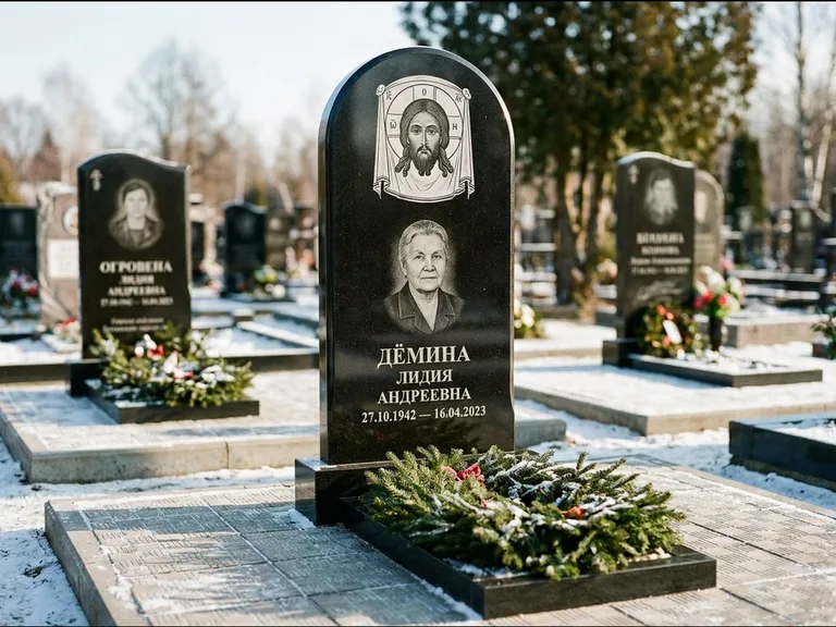 Памятник с гравировкой иконы — икона Спаса Вседержителя над именем усопшего, работа «Ковалёв» в Екатеринбурге