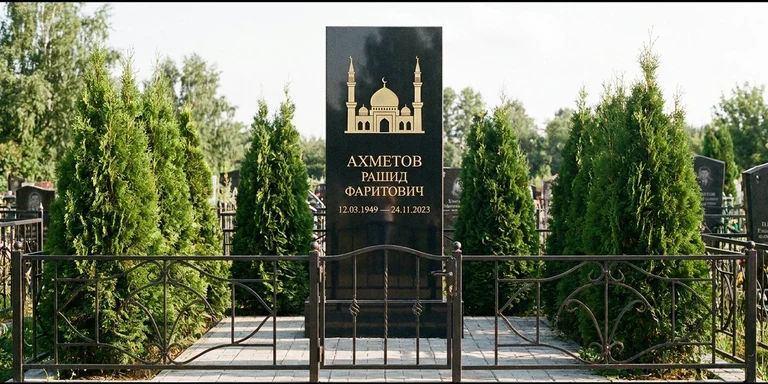 Гравировка мечети на памятник в Екатеринбурге — стела из чёрного гранита, оформление по канонам ислама