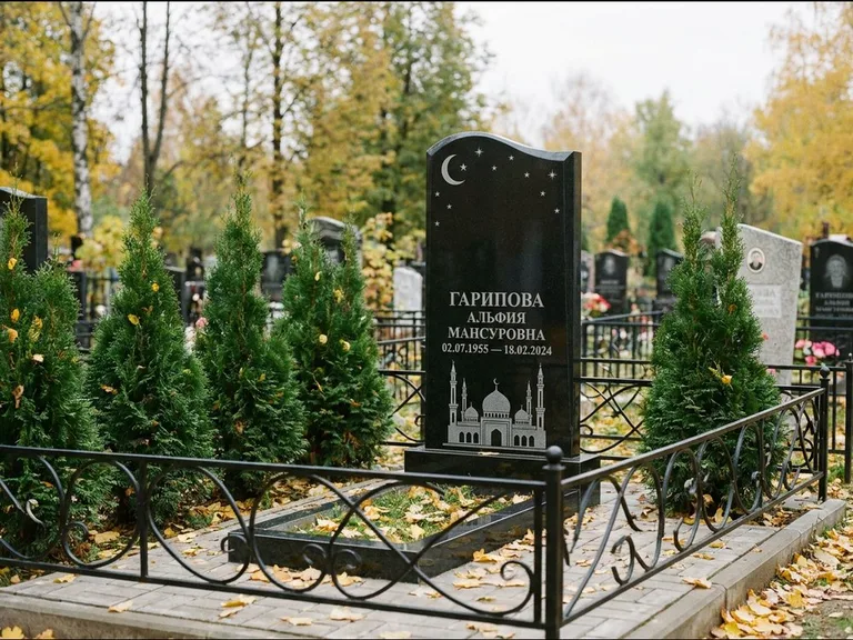 Мусульманский памятник с гравировкой мечети — мечеть с луной в ночном небе, работа «Гарипова» в Екатеринбурге