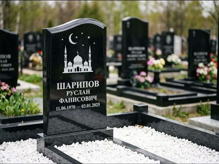 Мусульманский памятник с гравировкой мечети: стела с волнообразным скошенным верхом — гравировка мечети под полумесяцем и звёздами, белая мраморная крошка с бордюром, работа «Шарипов» в Екатеринбурге