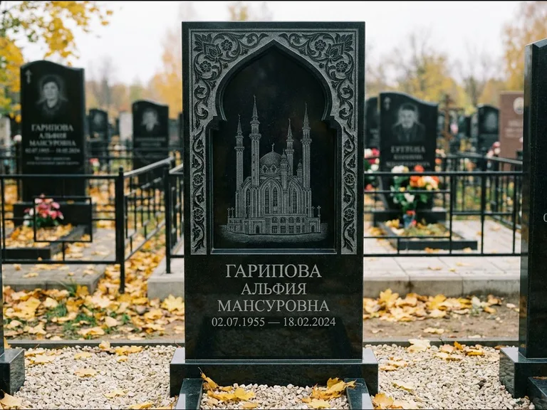 Мусульманский памятник с гравировкой мечети: фигурная стела с михраб-нишей — гравировка мечети в михраб-арке с орнаментом, светлая гравийная отсыпка, работа «Гарипова» в Екатеринбурге