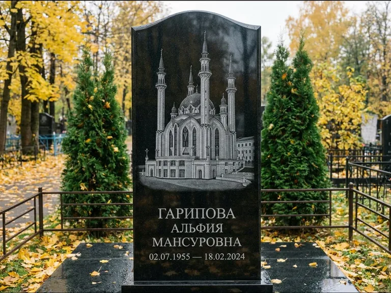 Мусульманский памятник с гравировкой мечети — мечеть Кул-Шариф на обороте стелы, работа «Гарипова» в Екатеринбурге