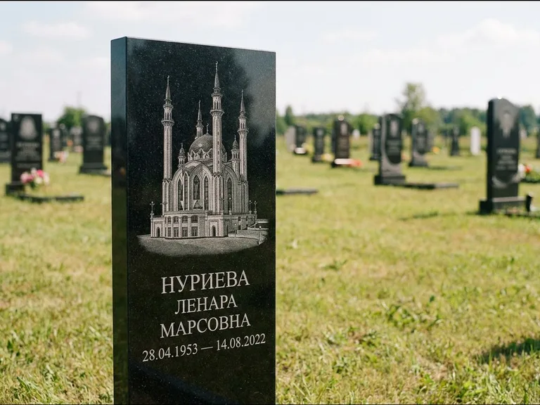 Мусульманский памятник с гравировкой мечети: узкая вертикальная стела-пилон — гравировка мечети в михраб-арке с орнаментом, открытая лужайка без ограды, работа «Хайруллина» в Екатеринбурге
