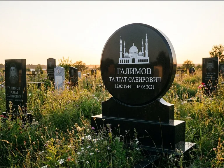 Мусульманский памятник с гравировкой мечети: округлая стела-медальон на тумбе — гравировка мечети в михраб-арке с орнаментом, луговые травы и полевые цветы, работа «Каримов» в Екатеринбурге