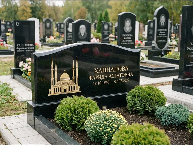 Мусульманский памятник с гравировкой мечети: вытянутая горизонтальная семейная стела с аркой — белая гравировка силуэта мечети с минаретами, участок с декоративными кустами, работа «Гарипова» в Екатеринбурге