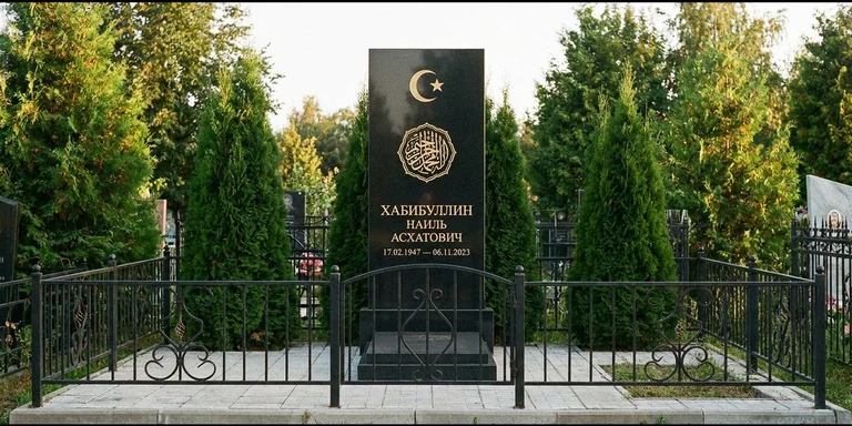 Гравировка на мусульманском памятнике в Екатеринбурге — стела из чёрного гранита, оформление по канонам ислама