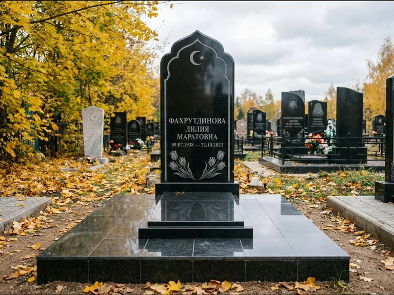 Мусульманский памятник: стела с михраб-навершием в форме арки — гравировка минарета с полумесяцем, гранитный цоколь с тёмной плиткой, работа «Фахрутдинова» в Екатеринбурге
