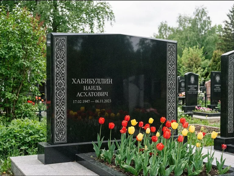 Мусульманский памятник: широкая двойная семейная стела — золочёная гравировка мечети, цветник с тюльпанами, работа «Хабибуллин» в Екатеринбурге