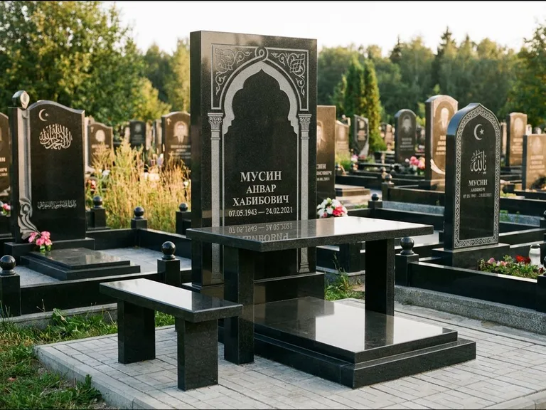 Мусульманский памятник: стела с гранитным столиком и скамьёй — гравировка мечети под полумесяцем и звёздами, семейный участок с плиткой, работа «Гимаев» в Екатеринбурге