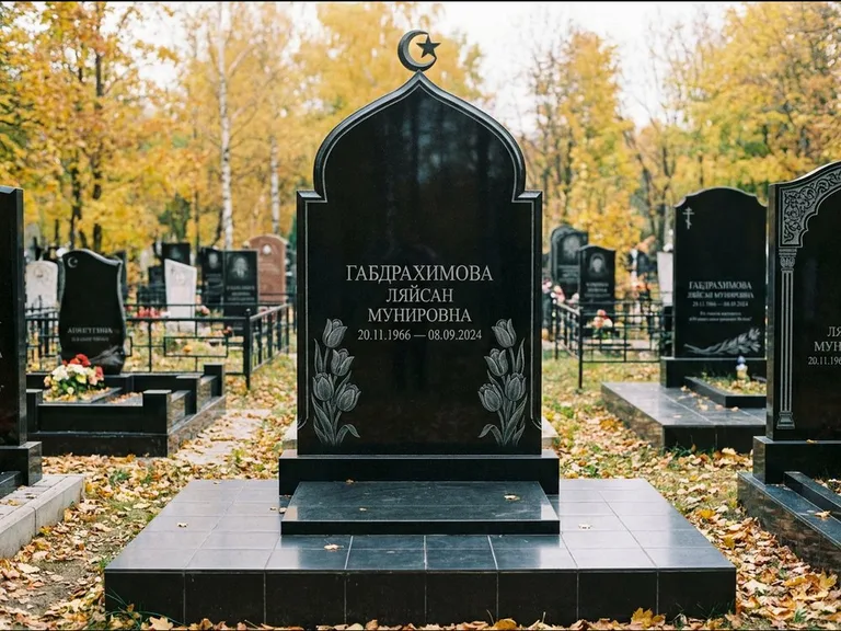 Мусульманский памятник: массивная стела с михраб-навершием — белая гравировка силуэта мечети с минаретами, цоколь тёмной плиткой, работа «Магомедова» в Екатеринбурге