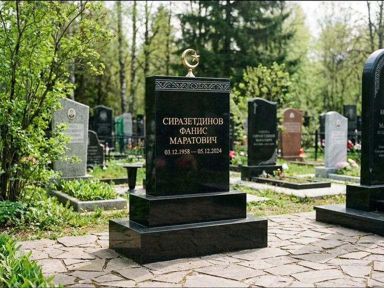 Мусульманский памятник: ступенчатая трёхуровневая стела — золочёная гравировка мечети, дорожка из природного плитняка, работа «Мустафин» в Екатеринбурге