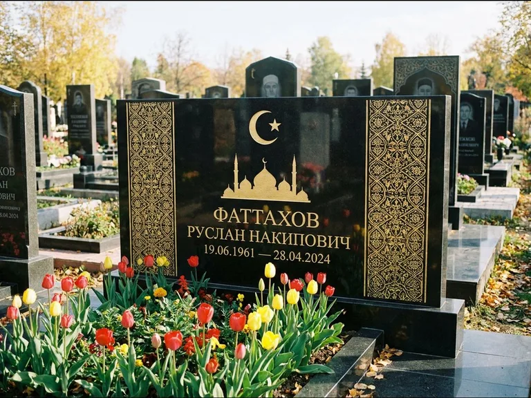 Мусульманский памятник: широкая панорамная стела с золочёным орнаментом — гравировка минарета с полумесяцем, цветник с тюльпанами, работа «Сулейманов» в Екатеринбурге