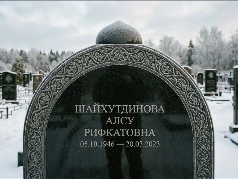 Мусульманский памятник: полукруглая стела с купольным навершием — гравировка мечети под полумесяцем и звёздами, заснеженный зимний участок, работа «Ганиева» в Екатеринбурге