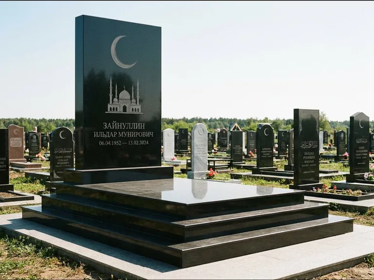 Мусульманский памятник: массивная стела на ступенчатом постаменте — гравировка мечети под полумесяцем и звёздами, гранитная площадка без ограды, работа «Хабибуллин» в Екатеринбурге