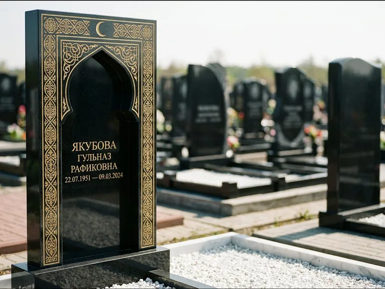 Мусульманский памятник: стела в форме михраба с глубокой нишей и золочёным орнаментом — детализированная гравировка мечети Кул-Шариф, участок с белой мраморной крошкой, работа «Мустафин» в Екатеринбурге