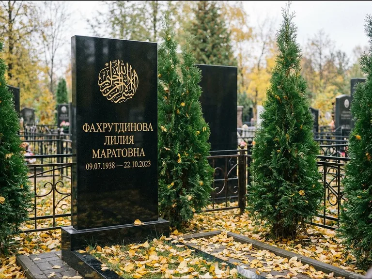 Мусульманский памятник — шахада в верхней части стелы, работа «Фахрутдинова» в Екатеринбурге