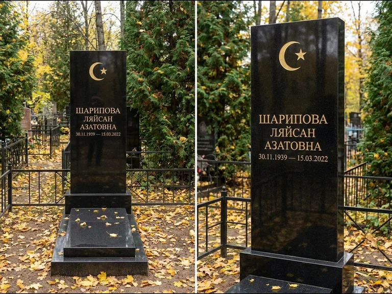 Памятник с гравировкой полумесяца — золочёная гравировка полумесяца со звездой в верхней части с, работа «Шарипова» в Екатеринбурге