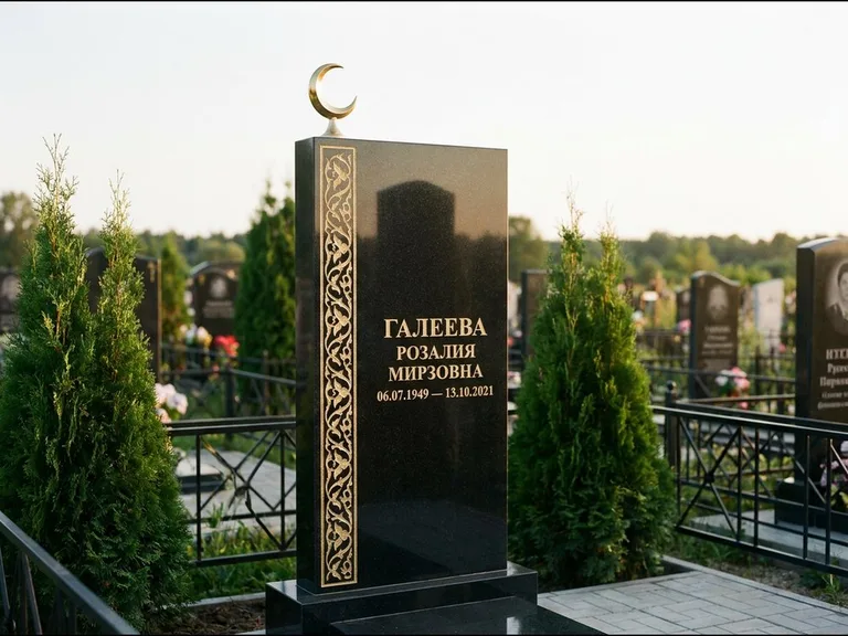 Памятник с гравировкой полумесяца — золочёный полумесяц и колонна растительного орнамента-ислими, работа «Галеева» в Екатеринбурге