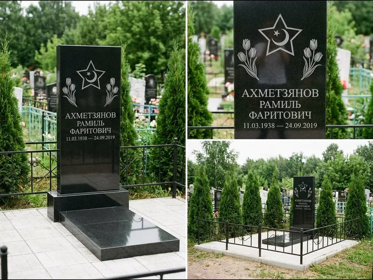 Памятник с гравировкой полумесяца — гравировка полумесяца со звездой и тюльпанами по бокам, работа «Ахметзянов» в Екатеринбурге