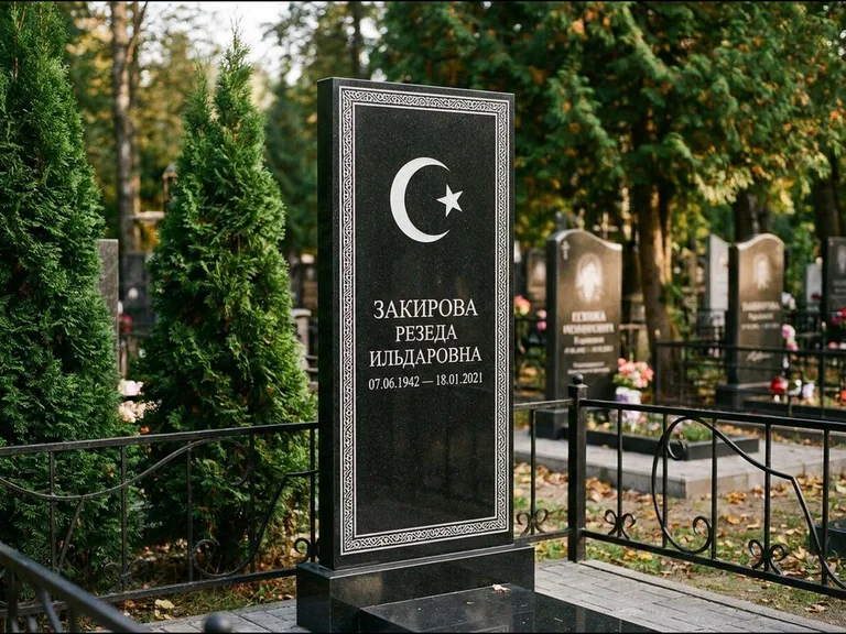 Памятник с гравировкой полумесяца — строгая белая гравировка полумесяца со звездой и орнаменталь, работа «Закирова» в Екатеринбурге
