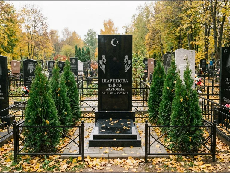Памятник с гравировкой полумесяца — гравировка полумесяца со звездой и тюльпанами по бокам, работа «Шарипова» в Екатеринбурге