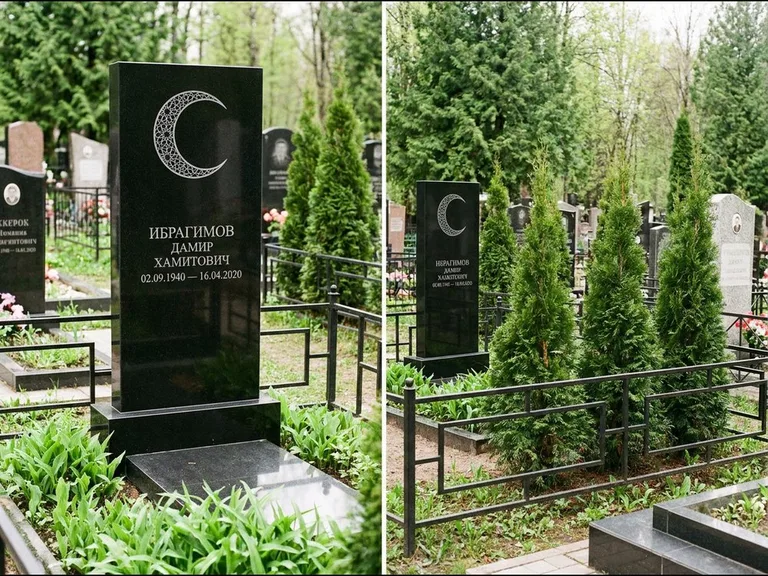 Памятник с гравировкой полумесяца — гравировка полумесяца в геометрическом орнаменте-гирихе, работа «Ибрагимов» в Екатеринбурге
