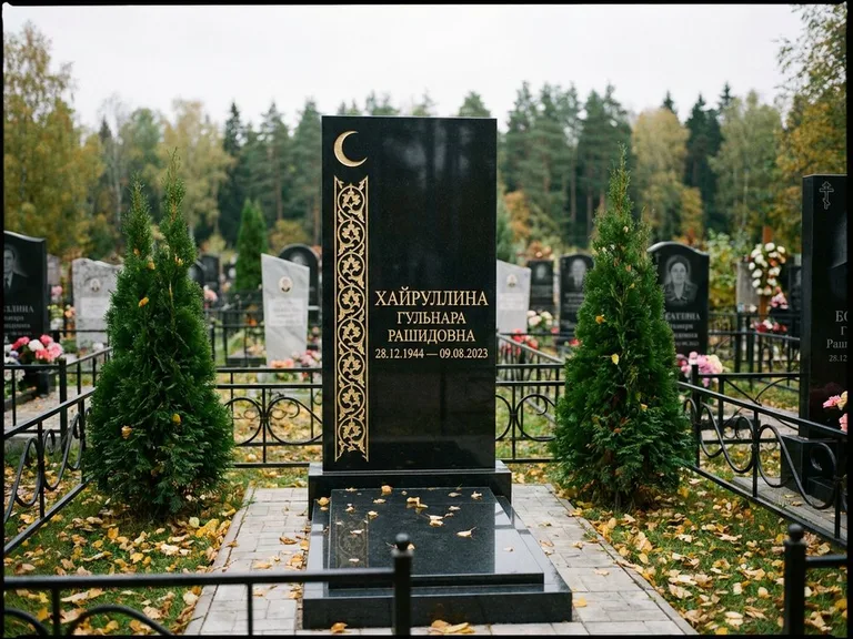 Памятник с гравировкой полумесяца — золочёный полумесяц и колонна растительного орнамента-ислими, работа «Хайруллина» в Екатеринбурге