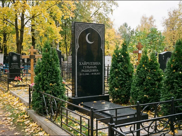 Памятник с гравировкой полумесяца — гравировка полумесяца в восточной арке с орнаментом, работа «Хайруллина» в Екатеринбурге