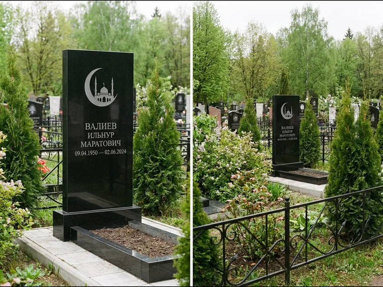 Памятник с гравировкой полумесяца — гравировка полумесяца над силуэтом мечети, работа «Валиев» в Екатеринбурге