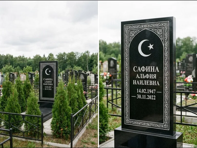 Памятник с гравировкой полумесяца — строгая белая гравировка полумесяца со звездой и орнаменталь, работа «Сафина» в Екатеринбурге