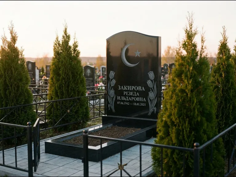 Памятник с гравировкой полумесяца — гравировка полумесяца со звездой и тюльпанами по бокам, работа «Закирова» в Екатеринбурге