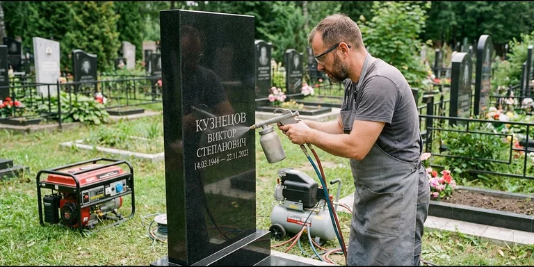 Гравировка на памятнике с выездом на кладбище в Екатеринбурге — мастер гравирует установленный памятник
