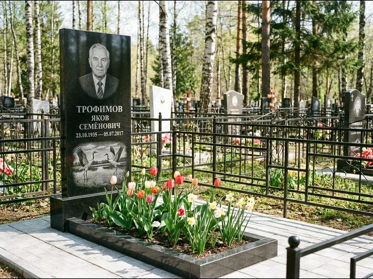 Памятник с гравировкой журавлей — гравировка пары журавлей над гладью озера в нижней части, работа «Трофимов» в Екатеринбурге