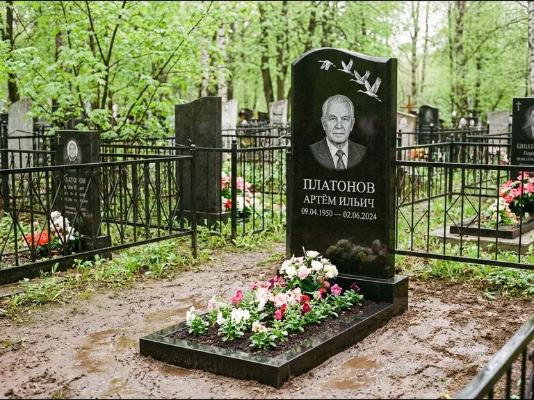 Памятник с гравировкой журавлей — белая гравировка клина журавлей, уходящего в верхний угол ст, работа «Платонов» в Екатеринбурге