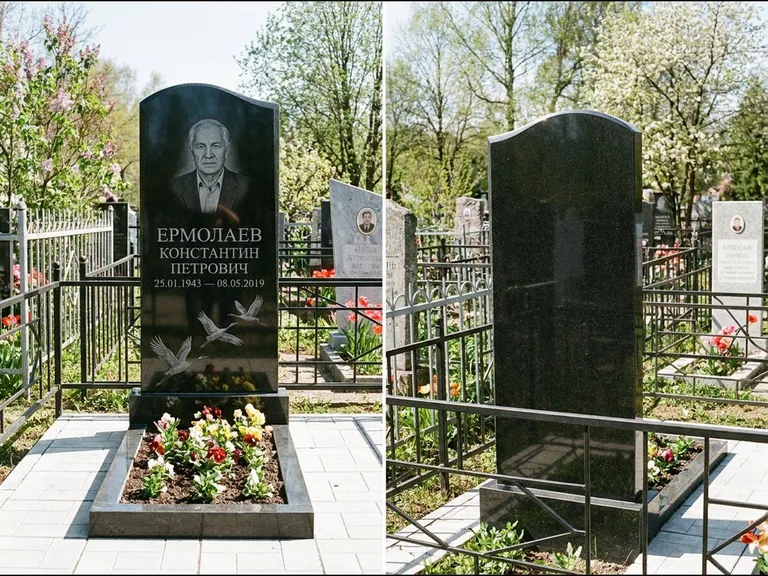 Памятник с гравировкой журавлей — гравировка трёх журавлей по диагонали через свободное поле с, работа «Ермолаев» в Екатеринбурге