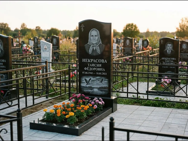 Памятник с гравировкой журавлей — гравировка пары журавлей над гладью озера в нижней части, работа «Некрасова» в Екатеринбурге
