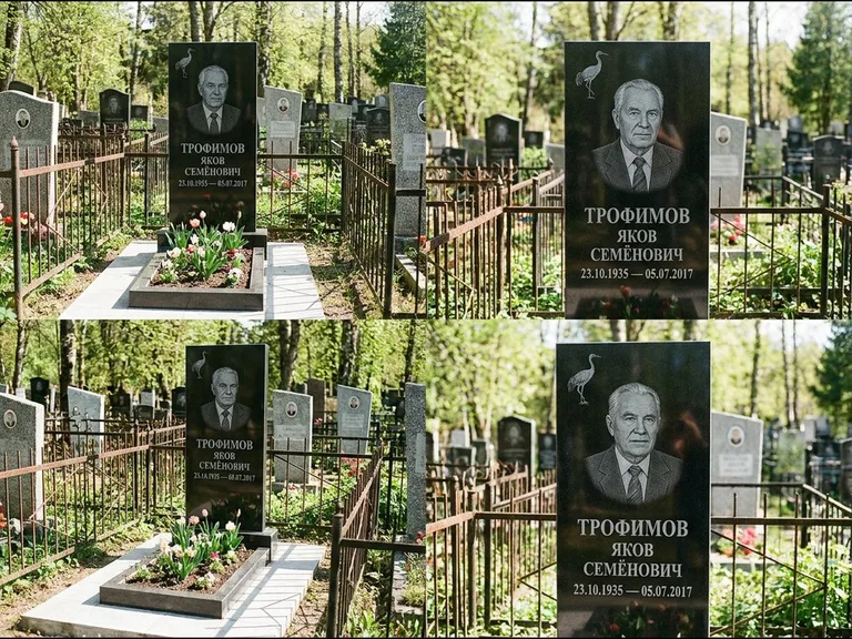 Памятник с гравировкой журавлей — гравировка одиночного летящего журавля над портретом, работа «Трофимов» в Екатеринбурге
