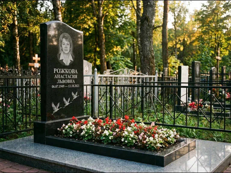 Памятник с гравировкой журавлей — гравировка трёх журавлей по диагонали через свободное поле с, работа «Рожкова» в Екатеринбурге