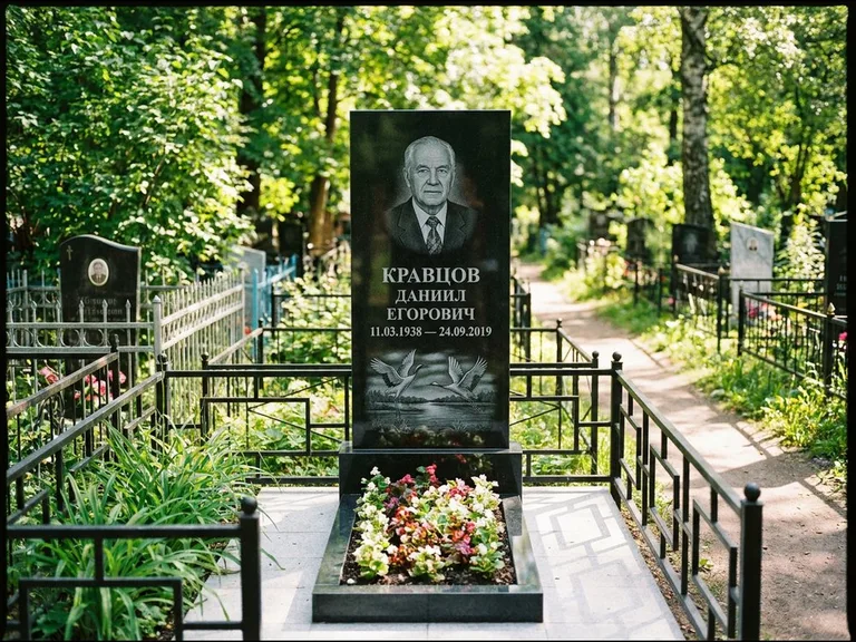 Памятник с гравировкой журавлей — гравировка пары журавлей над гладью озера в нижней части, работа «Кравцов» в Екатеринбурге